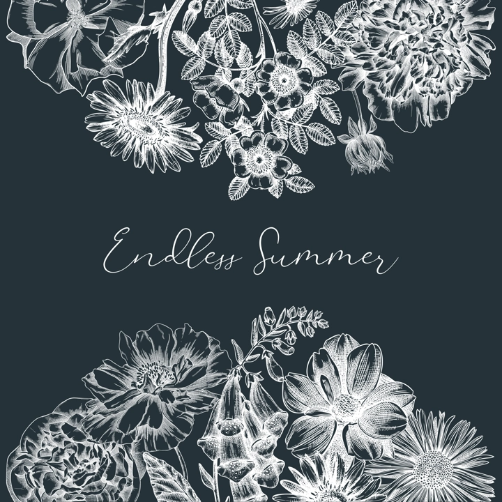 Summer flowers card on chalkboard. Hand-sketched garden plants frame design. For greeting cards, wedding invites, and floral banners. Hand-drawn botanical illustration with floral sketches.